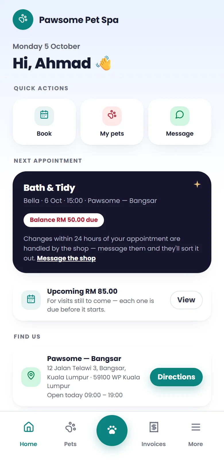 The Petbiz customer portal on a phone: the owner's next appointment, balance due and the shop's details